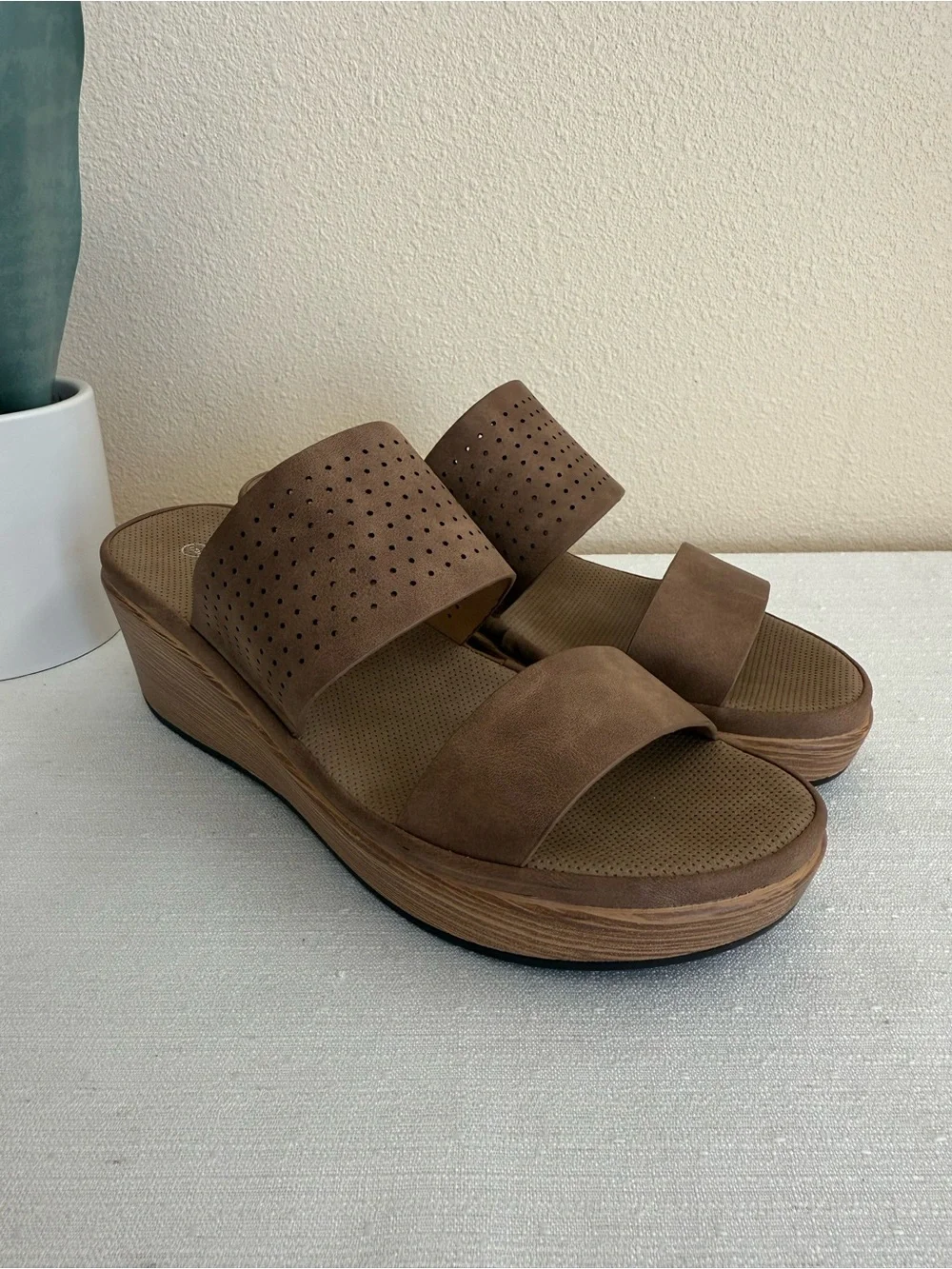 New Patrizia Brown Perforated Wedge Slide Sandals - Casual Platform Comfort
